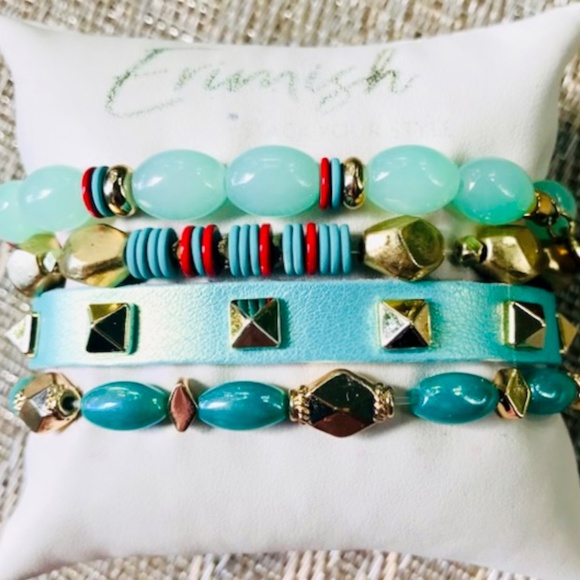 ERIMISH BRACELETS ⭐️ New SEA-MIST GOLD PYRAMID STUDDED LEATHER 4 PC STACK NWT - Picture 6 of 15